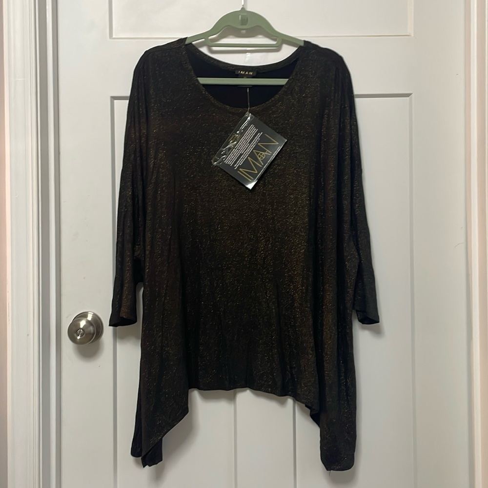 NWT. 2X. Iman. Black and gold asymmetrical blouse. Sexy.